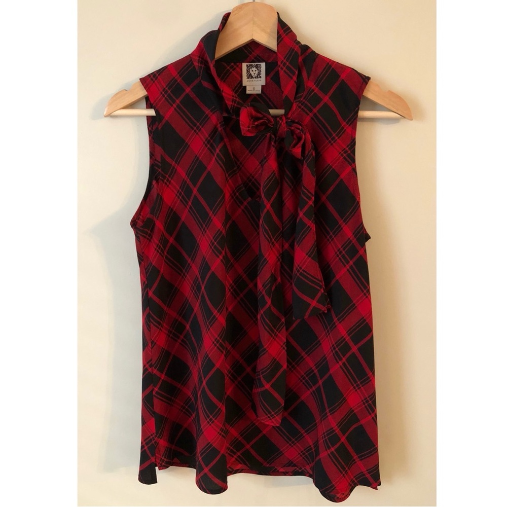 Anne Klein • S • Sleeveless Red & Black Plaid Tank Top w/Neck Tie
